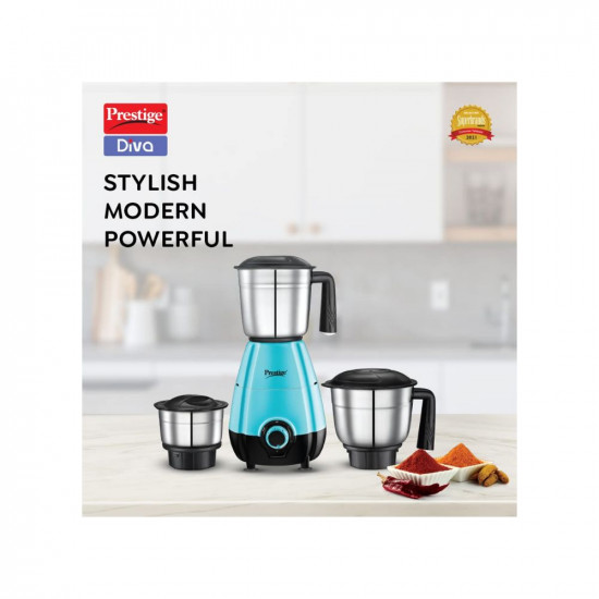 Prestige 500 Watts DIVA Mixer Grinder with 3 stainless Steel Jars|3 super efficient blades|2 years warranty|(Blue & Black)