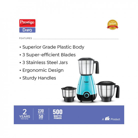 Prestige 500 Watts DIVA Mixer Grinder with 3 stainless Steel Jars|3 super efficient blades|2 years warranty|(Blue & Black)