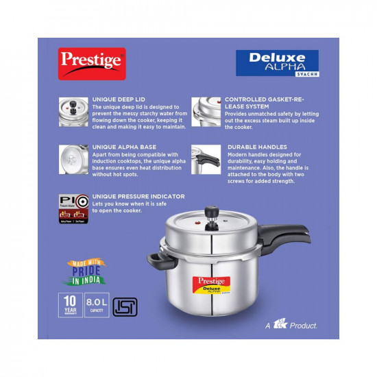 Prestige 8 Litres Svachh Deluxe Alpha Induction Base Outer Lid Stainless Steel Pressure Cooker | Deep Lid controls spillage| Silver | Straight Wall | Pressure Indicator | Gasket-release system