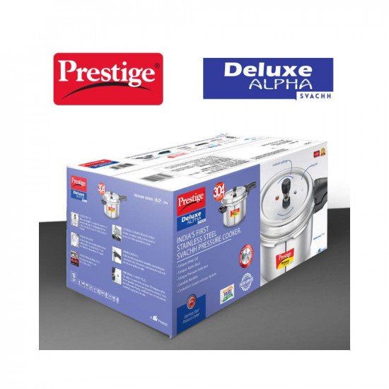 Prestige 8 Litres Svachh Deluxe Alpha Induction Base Outer Lid Stainless Steel Pressure Cooker | Deep Lid controls spillage| Silver | Straight Wall | Pressure Indicator | Gasket-release system
