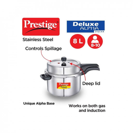 Prestige 8 Litres Svachh Deluxe Alpha Induction Base Outer Lid Stainless Steel Pressure Cooker | Deep Lid controls spillage| Silver | Straight Wall | Pressure Indicator | Gasket-release system