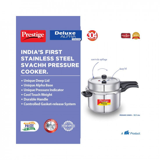 Prestige 8 Litres Svachh Deluxe Alpha Induction Base Outer Lid Stainless Steel Pressure Cooker | Deep Lid controls spillage| Silver | Straight Wall | Pressure Indicator | Gasket-release system