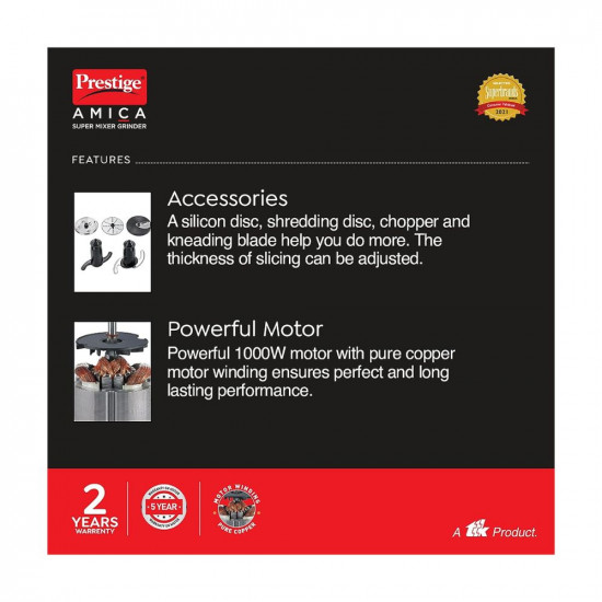 Prestige Amica Super Mixer Grinder 1000 W, 5 Jars with Multiple Accessories (Black and Silver)