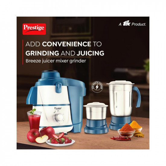 Prestige Breeze 500W Juicer Mixer Grinder With 2 Stainless Steel Jars|Detachable Pulp Collector|Double Lock System|Efficient Stainless Steel Sieve|Juice Outlet|Blue & White