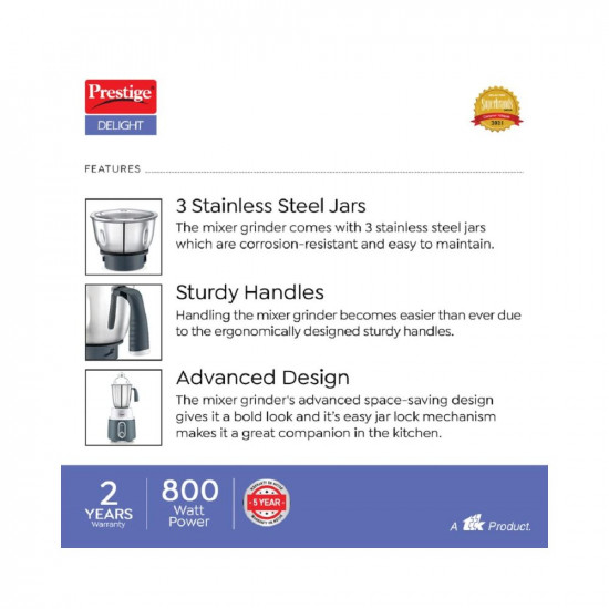 Prestige Delight Mixer Grinder 750 W (With 3 Stainless Steel Jars)