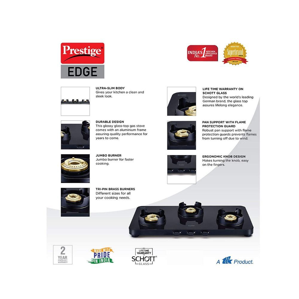 Prestige Edge Schott glass Glass Manual Gas Stove (3 Burners)