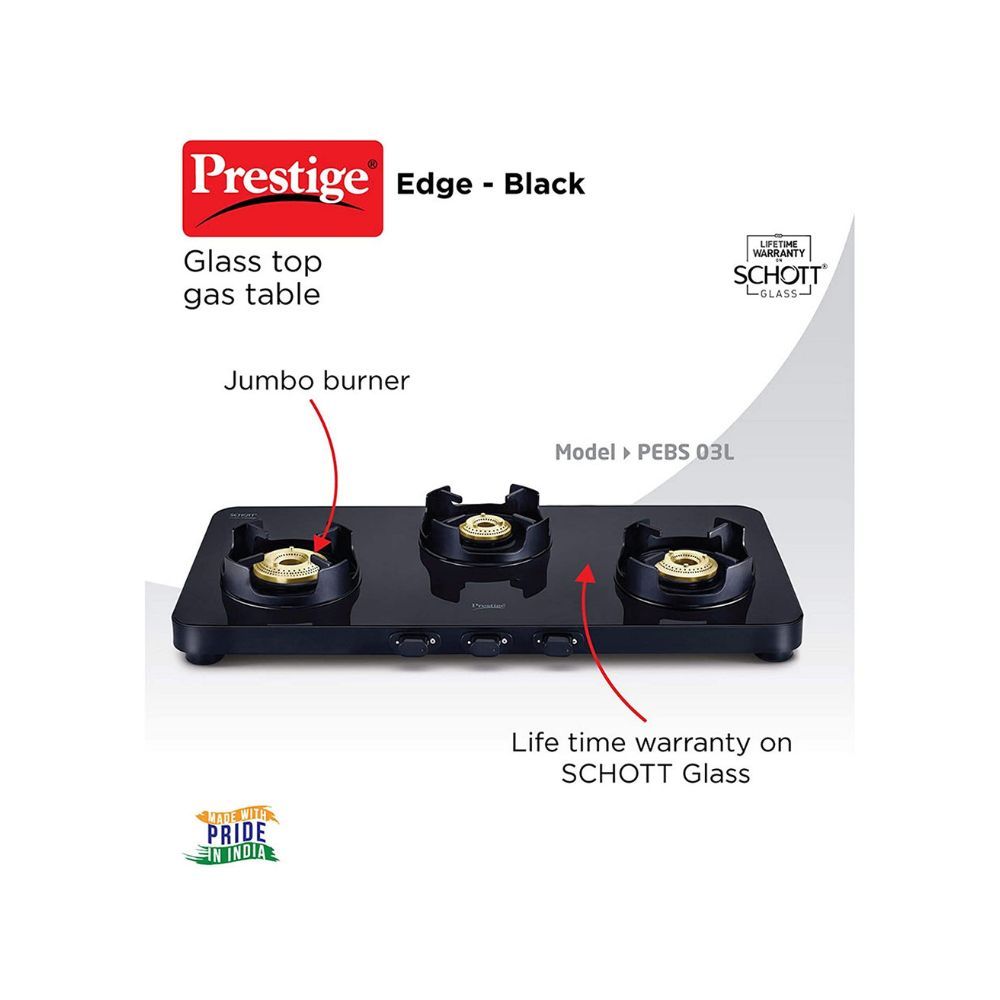 Prestige Edge Schott glass Glass Manual Gas Stove (3 Burners)