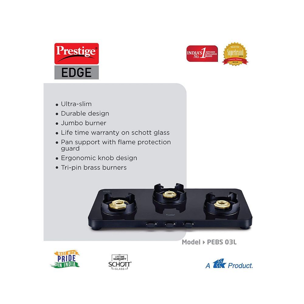 Prestige Edge Schott glass Glass Manual Gas Stove (3 Burners)