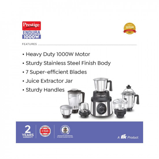 Prestige Endura 1000W Mixer Grinder, 6 Jars (1500 ml, 1000 ml, 1500 ml, 450 ml) (Black, Silver)