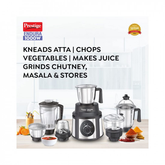Prestige Endura 1000W Mixer Grinder, 6 Jars (1500 ml, 1000 ml, 1500 ml, 450 ml) (Black, Silver)