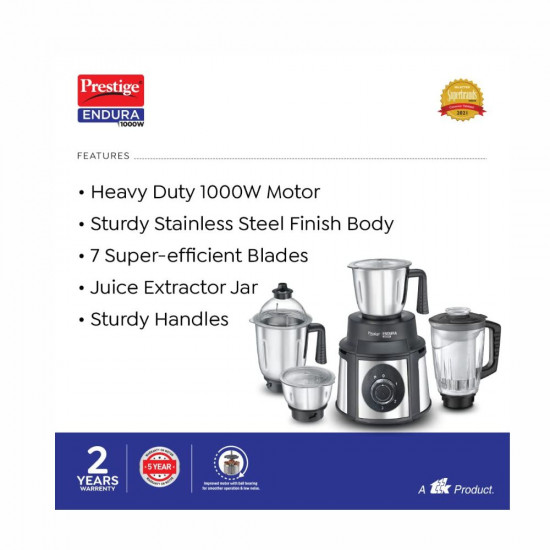 Prestige Endura 1000W Mixer Grinder with Ball Bearing Technology Stainless Steel 4 Jars