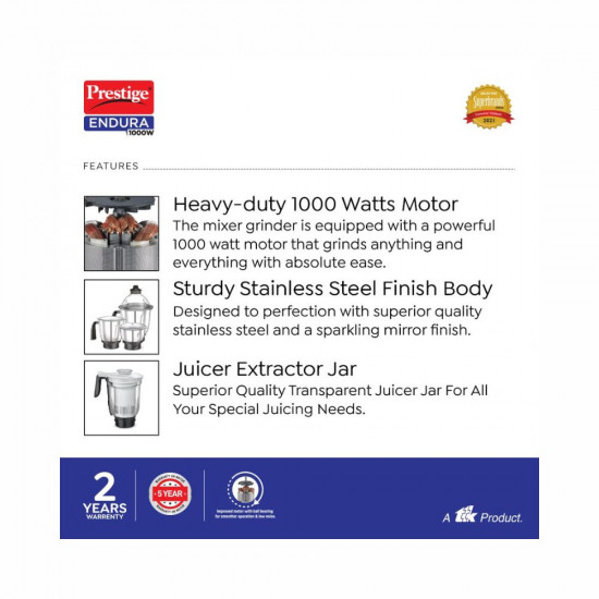 Prestige Endura 1000W Mixer Grinder with Ball Bearing Technology Stainless Steel 4 Jars