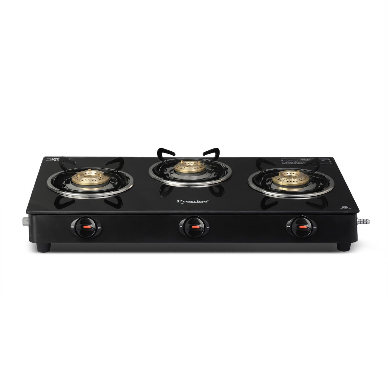 Prestige Iris 3 Burner Gas Stove Toughened Glass Top Tri-Pin Brass Burners Ergonomic Knob Black 2Y Warranty ISI Certified