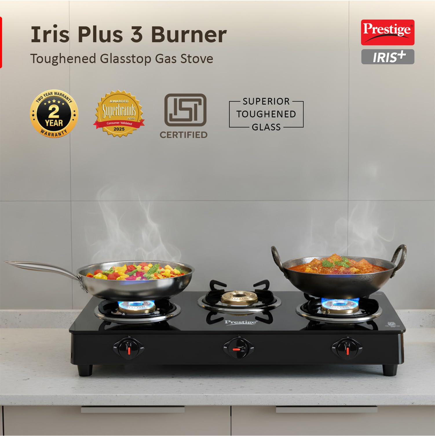 Prestige Iris 3 Burner Gas Stove  Toughened Glass Top  Tri-Pin Brass Burners  Ergonomic Knob  Black  2Y Warranty  ISI Certified