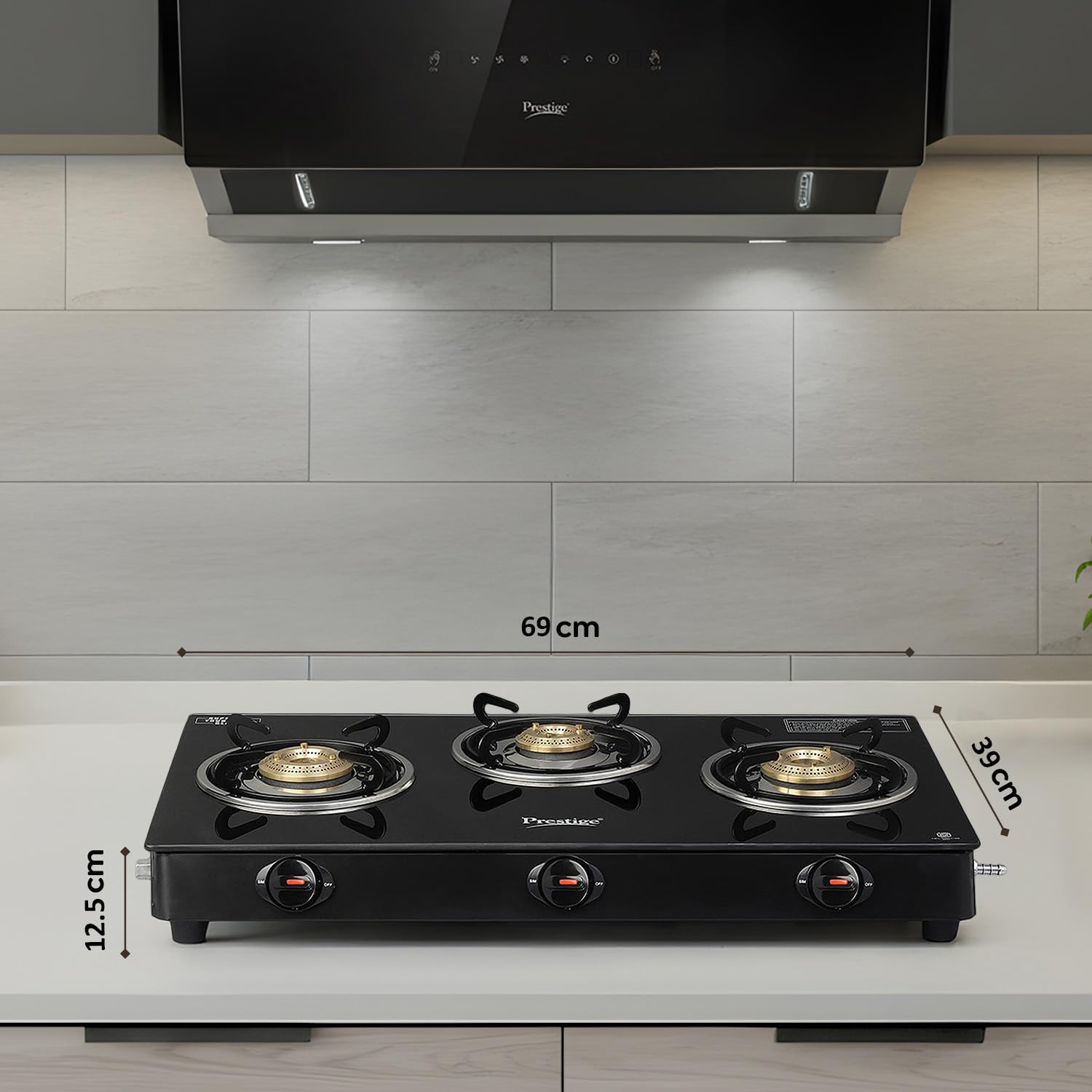Prestige Iris 3 Burner Gas Stove Toughened Glass Top Tri-Pin Brass Burners Ergonomic Knob Black 2Y Warranty ISI Certified