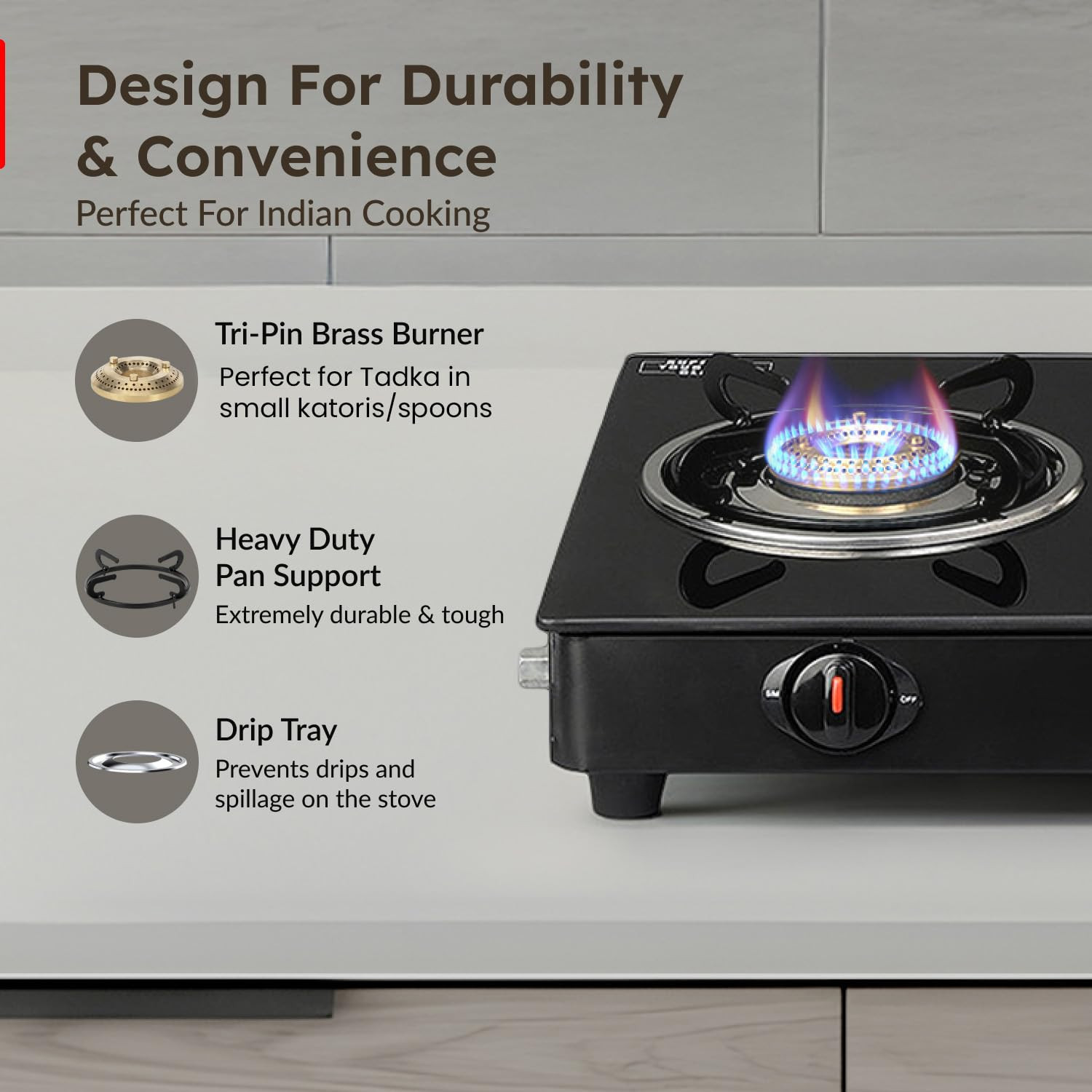 Prestige Iris 3 Burner Gas Stove Toughened Glass Top Tri-Pin Brass Burners Ergonomic Knob Black 2Y Warranty ISI Certified