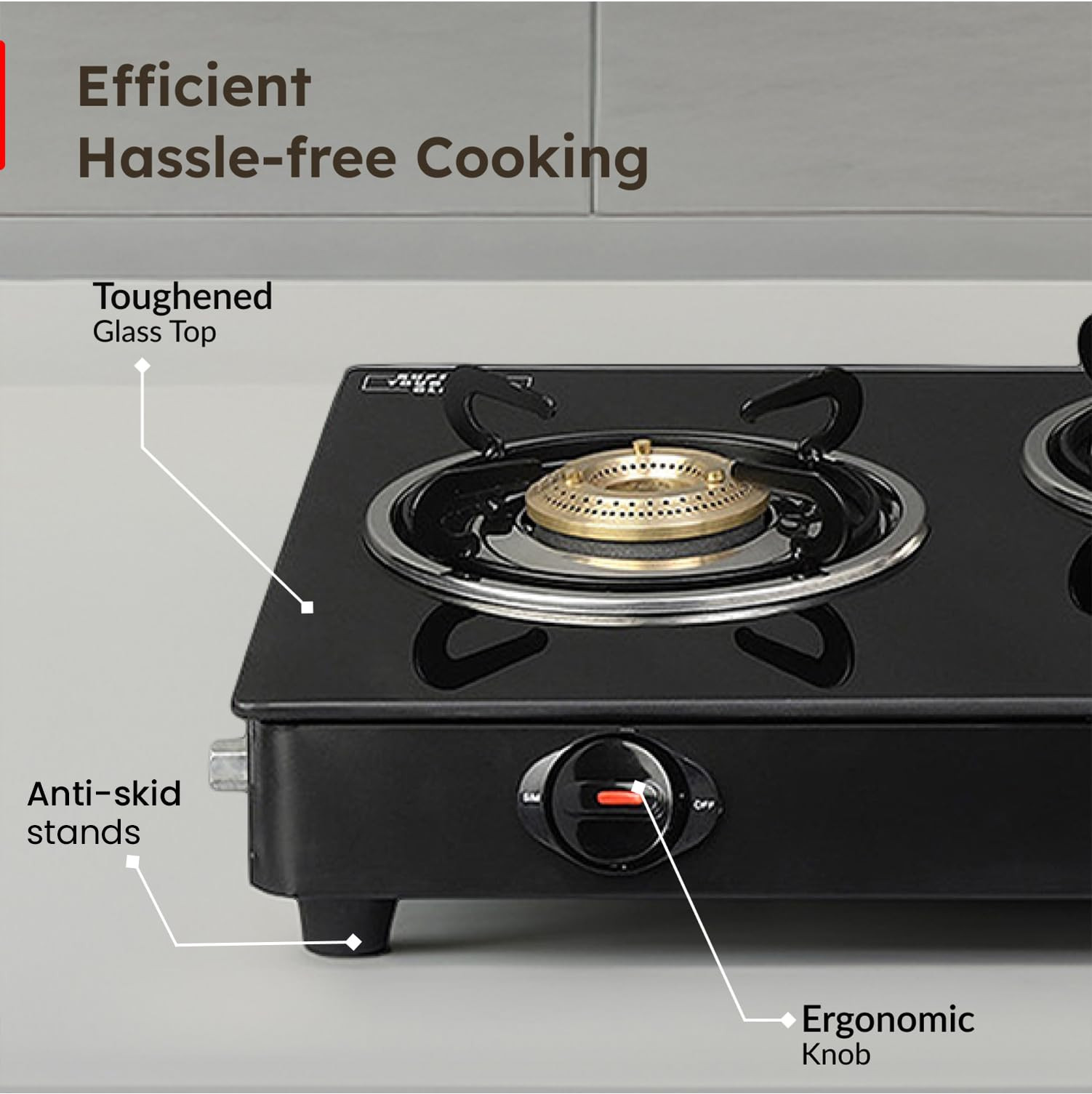 Prestige Iris 3 Burner Gas Stove  Toughened Glass Top  Tri-Pin Brass Burners  Ergonomic Knob  Black  2Y Warranty  ISI Certified