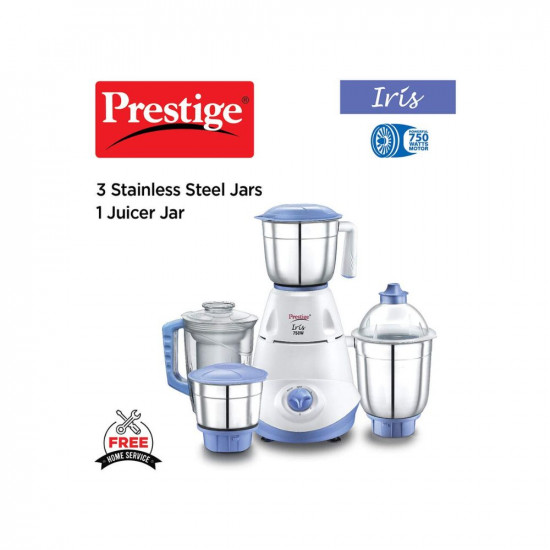 Prestige Iris 750 Watt Mixer Grinder with 3 Stainless Steel Jar + 1 Juicer Jar (White and Blue)
