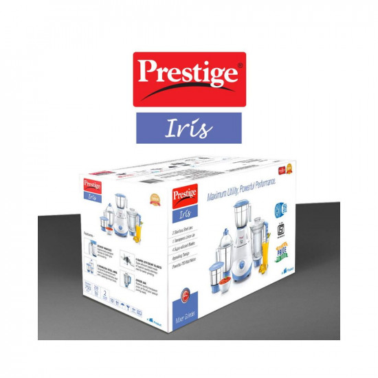 Prestige Iris 750 Watt Mixer Grinder with 3 Stainless Steel Jar + 1 Juicer Jar (White and Blue)