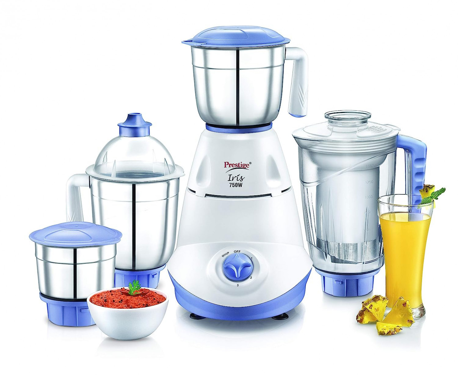 Prestige Iris 750 Watt Mixer Grinder with 3 Stainless Steel Jar  1 Juicer Jar White and Blue