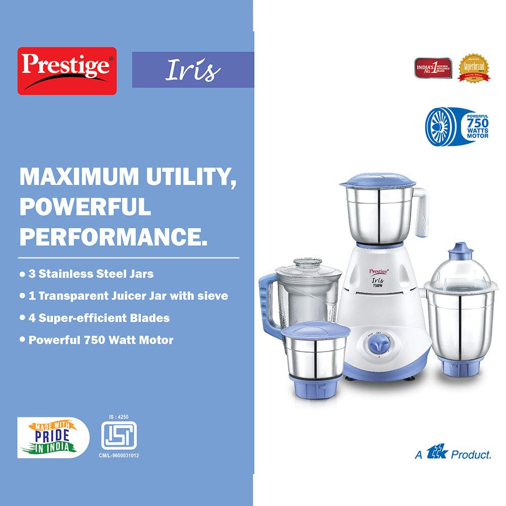 Prestige Iris 750 Watt Mixer Grinder with 3 Stainless Steel Jar  1 Juicer Jar White and Blue