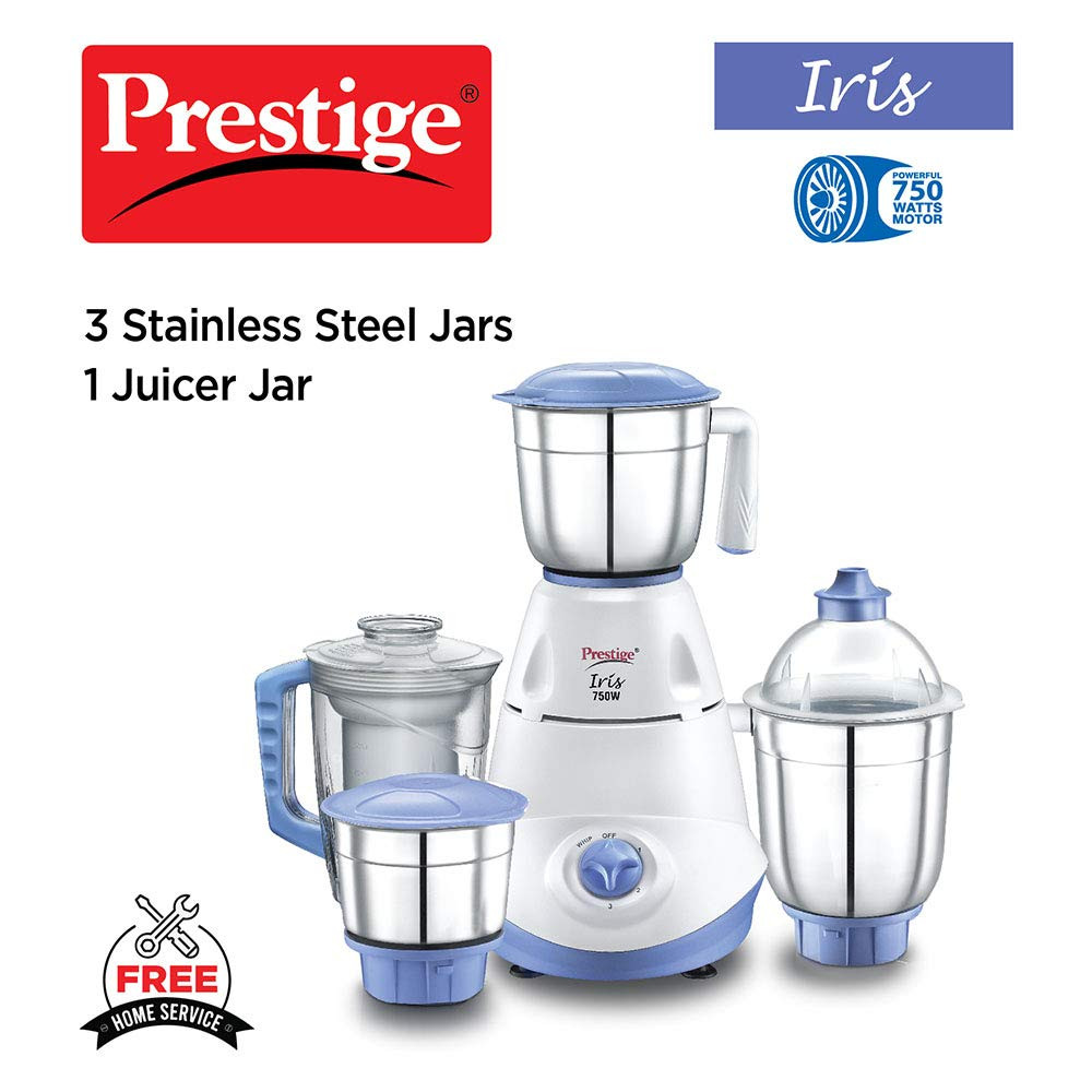 Prestige Iris 750 Watt Mixer Grinder with 3 Stainless Steel Jar  1 Juicer Jar White and Blue