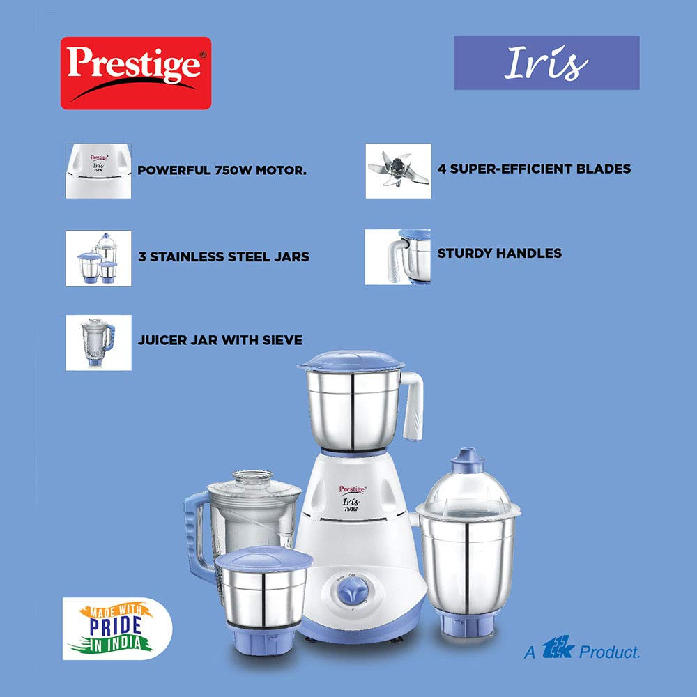 Prestige Iris 750 Watt Mixer Grinder with 3 Stainless Steel Jar  1 Juicer Jar White and Blue