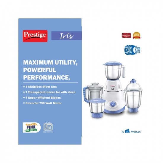 Prestige Iris 750 Watt Mixer Grinder with 3 Stainless Steel Jar + 1 Juicer Jar (White and Blue)