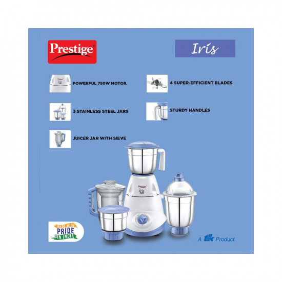 Prestige Iris 750 Watt Mixer Grinder with 3 Stainless Steel Jar + 1 Juicer Jar (White and Blue)