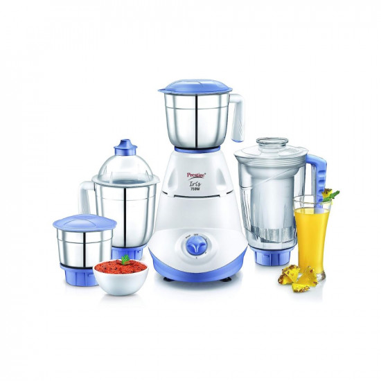 Prestige Iris 750 Watt Mixer Grinder with 3 Stainless Steel Jar + 1 Juicer Jar (White and Blue)