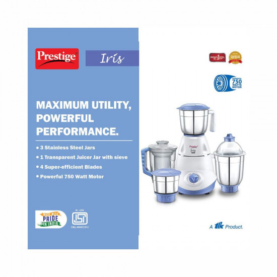 Prestige Iris 750 Watt Mixer Grinder with 3 Stainless Steel Jar 1 Juicer Jar White and Blue