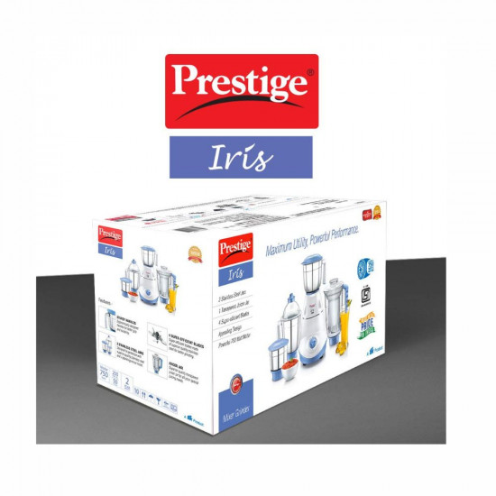Prestige Iris 750 Watt Mixer Grinder with 3 Stainless Steel Jar 1 Juicer Jar White and Blue