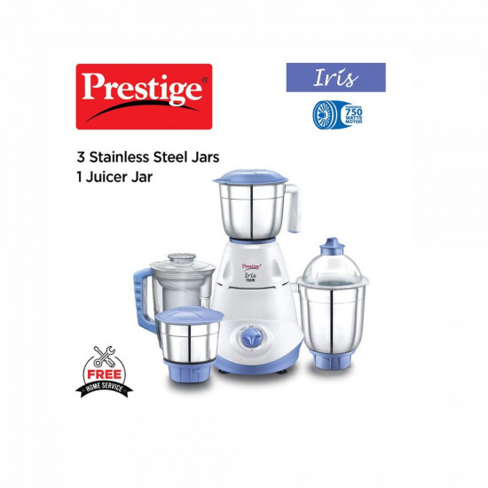 Prestige Iris 750 Watt Mixer Grinder with 3 Stainless Steel Jar 1 Juicer Jar White and Blue