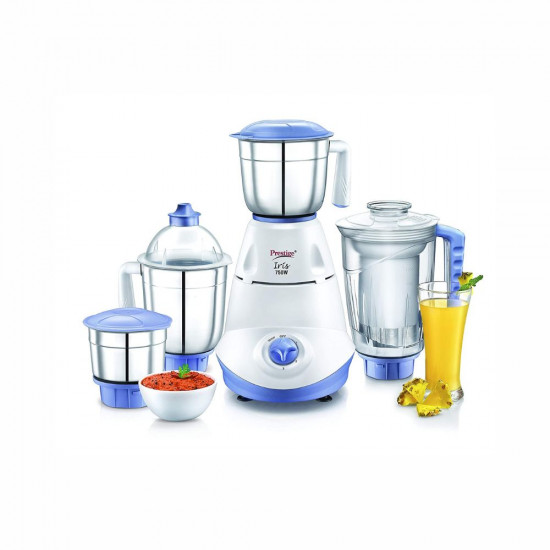 Prestige Iris 750 Watt Mixer Grinder with 3 Stainless Steel Jar 1 Juicer Jar White and Blue