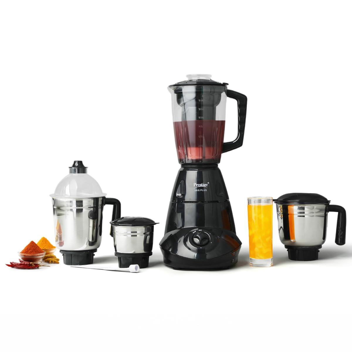 Prestige Iris 750 Watt Mixer Grinder with 4 Jars 3 Stainless Steel  1 Juicer  Super Efficient SS Blades  Black  2Y Warranty  ISI Certified