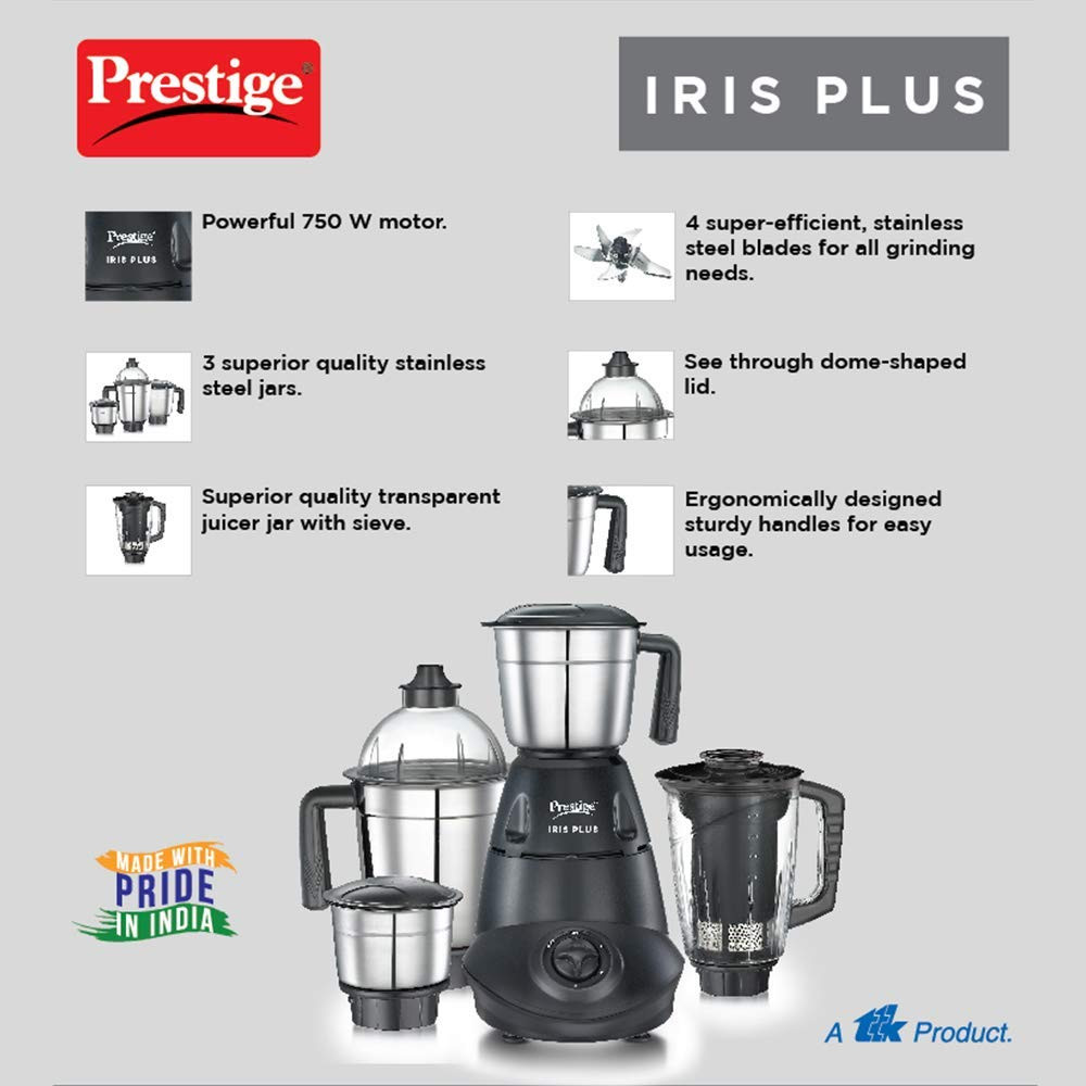 Prestige Iris 750 Watt Mixer Grinder with 4 Jars 3 Stainless Steel 1 Juicer Super Efficient SS Blades Black 2Y Warranty ISI Certified