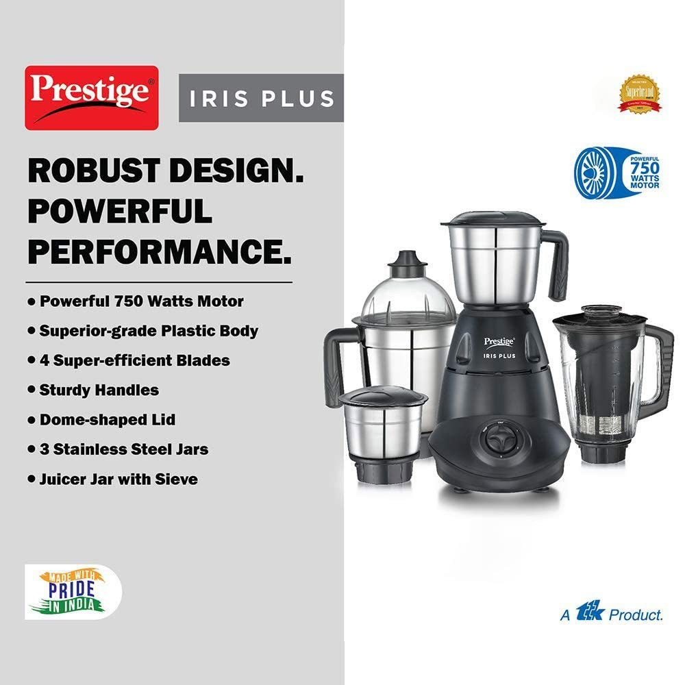 Prestige Iris 750 Watt Mixer Grinder with 4 Jars 3 Stainless Steel  1 Juicer  Super Efficient SS Blades  Black  2Y Warranty  ISI Certified