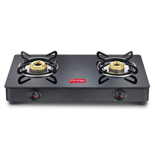 Image of Prestige IRIS Toughened Glass-Top 2 Brass Burner LPG Gas Stove | Black | Spill Proof | Ergonomic Knobs | Tri-Pin Brass Burners |Open