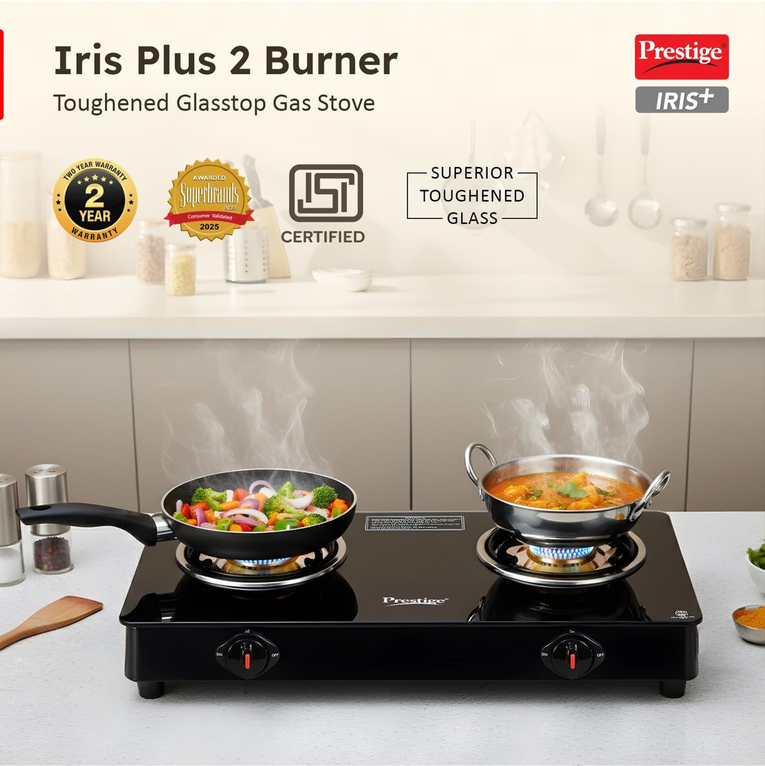 Prestige IRIS Toughened Glass-Top 2 Brass Burner LPG Gas Stove  Black  Spill Proof  Ergonomic Knobs  Tri-Pin Brass Burners Open