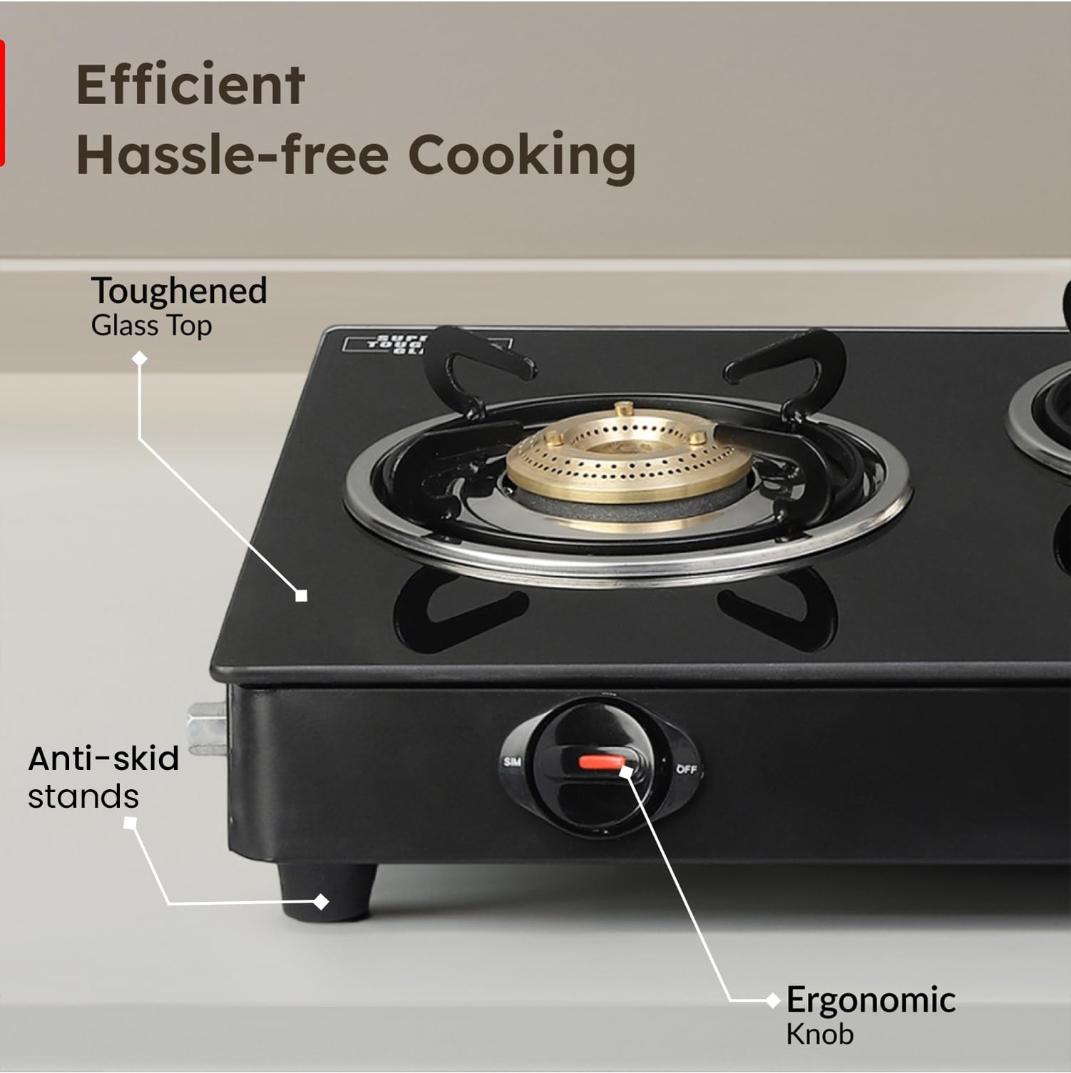 Prestige IRIS Toughened Glass-Top 2 Brass Burner LPG Gas Stove Black Spill Proof Ergonomic Knobs Tri-Pin Brass Burners Open