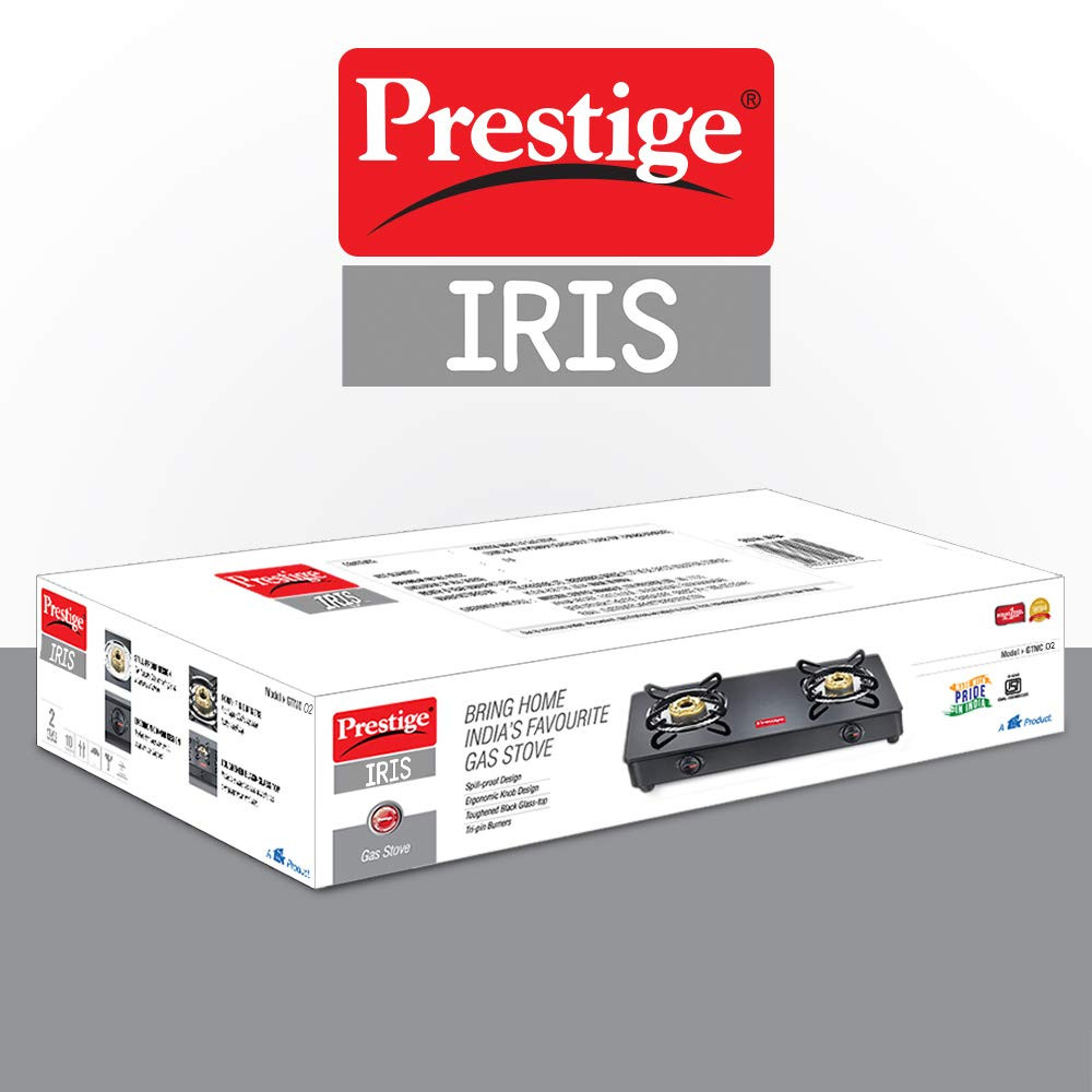Prestige IRIS Toughened Glass-Top 2 Brass Burner LPG Gas Stove Black Spill Proof Ergonomic Knobs Tri-Pin Brass Burners Open