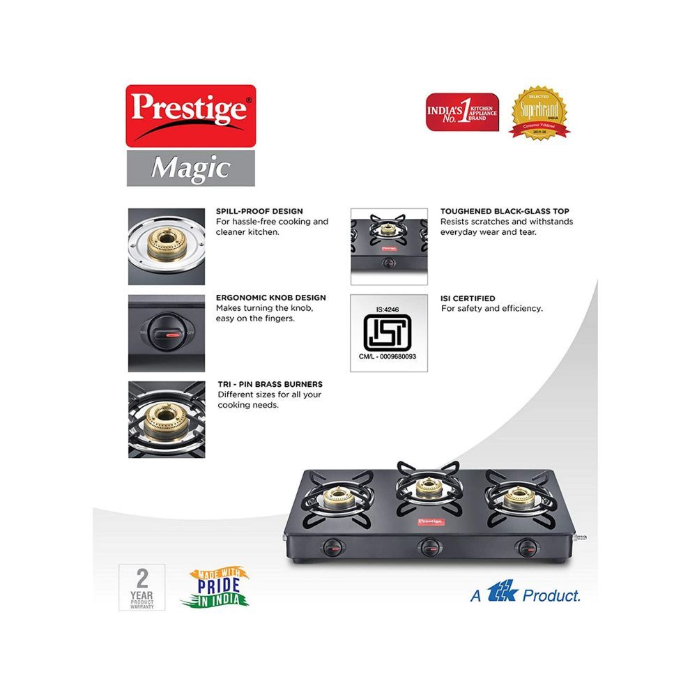 Prestige Magic GTMC03 Glass, Steel Manual Gas Stove (3 Burners)
