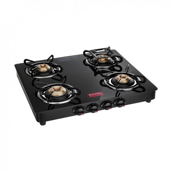 Prestige Marvel Glass Top 4 Burner Gas Stove, Manual Ignition, black