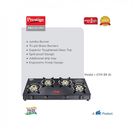 Prestige Marvel Plus Gas Stove GTM 04 - Black, Manual, 4 Burner