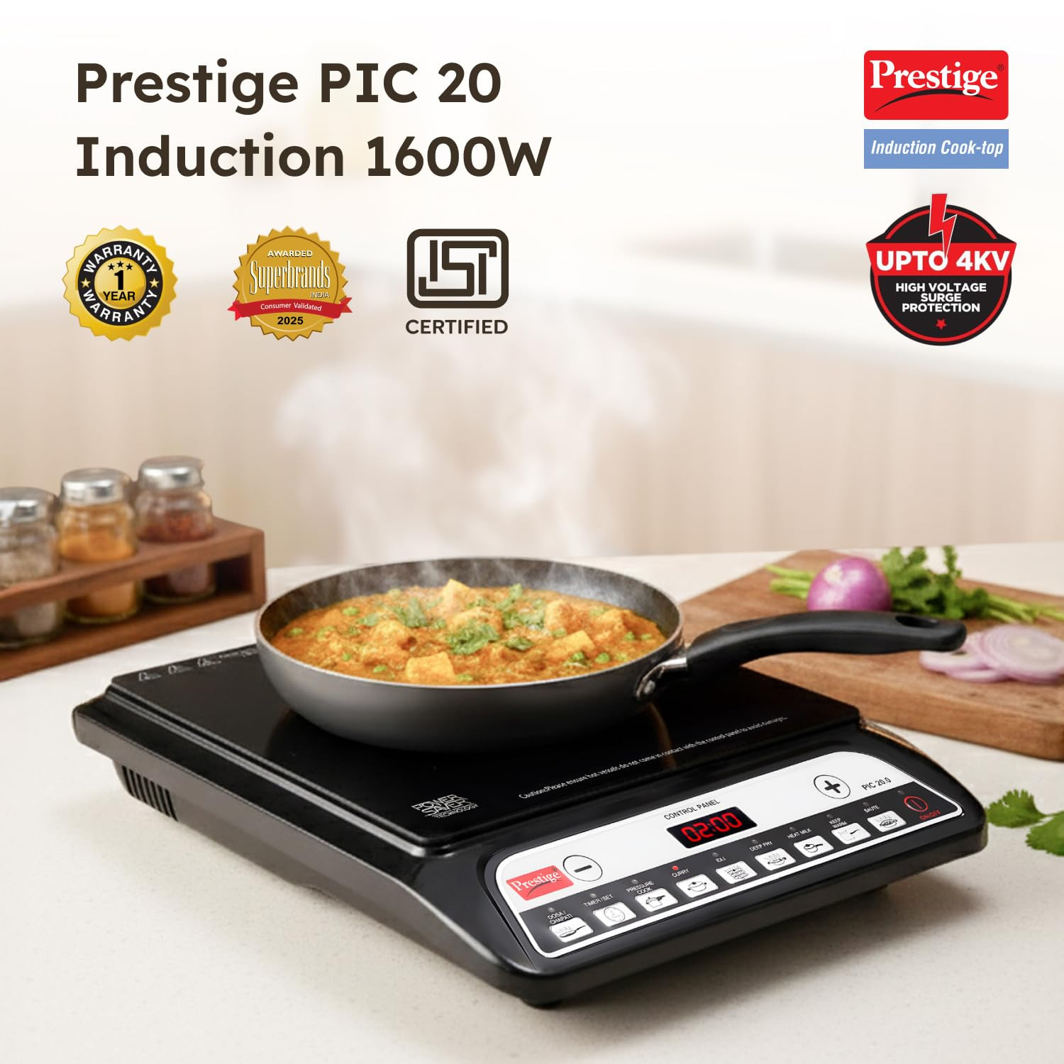 Prestige PIC 20 1600 Watts Induction Cooktop 4KV Surge Protection 8 Preset Indian Menu Options Timer Soft Touch Button Easy to Clean Portable Black 1Y Warranty BIS