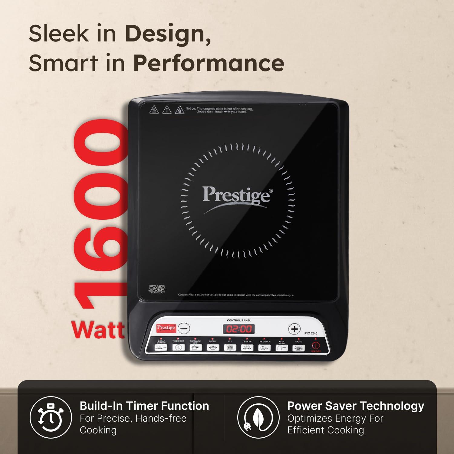 Prestige PIC 20 1600 Watts Induction Cooktop  4KV Surge Protection  8 Preset Indian Menu Options  Timer  Soft Touch Button  Easy to Clean  Portable  Black  1Y Warranty  BIS