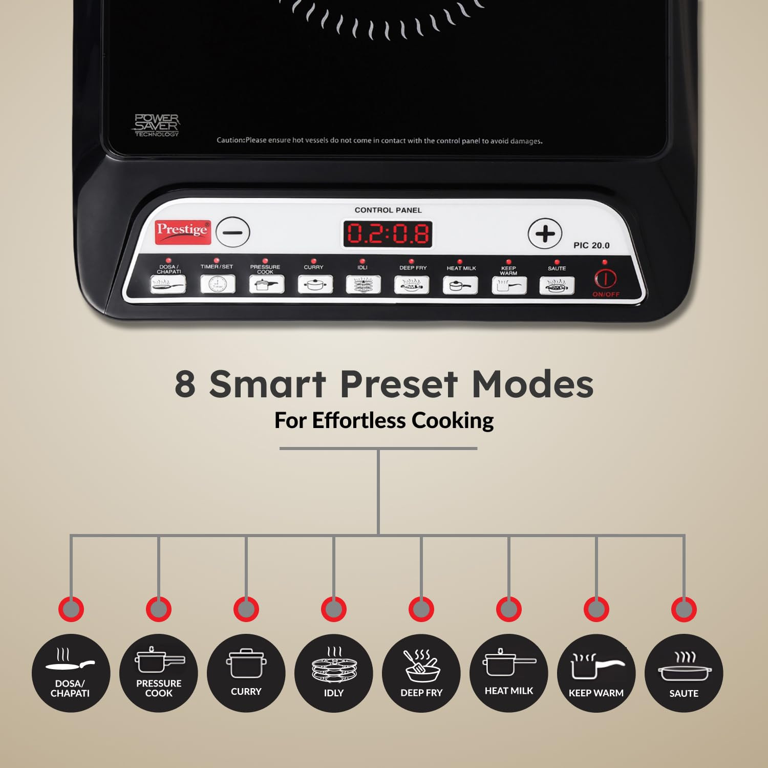 Prestige PIC 20 1600 Watts Induction Cooktop  4KV Surge Protection  8 Preset Indian Menu Options  Timer  Soft Touch Button  Easy to Clean  Portable  Black  1Y Warranty  BIS