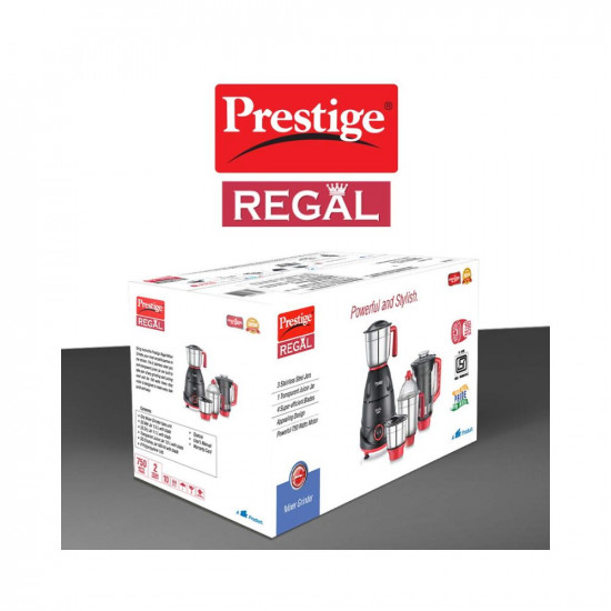 Prestige Regal Mixer Grinder, 750W, 3 Stainless Steel Jar + 1 Juicer Jar, Multi-Color, Medium