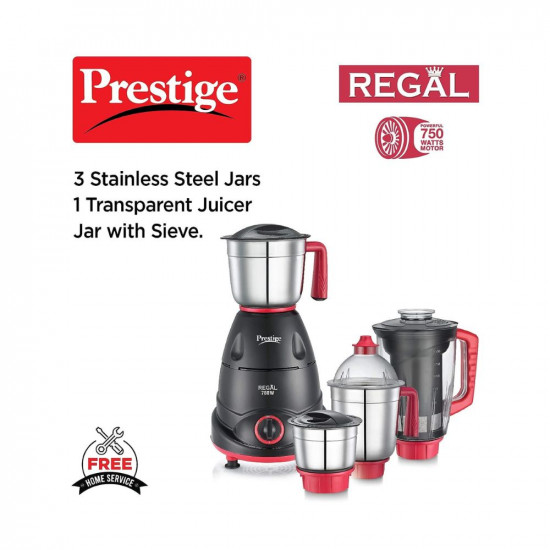Prestige Regal Mixer Grinder, 750W, 3 Stainless Steel Jar + 1 Juicer Jar, Multi-Color, Medium