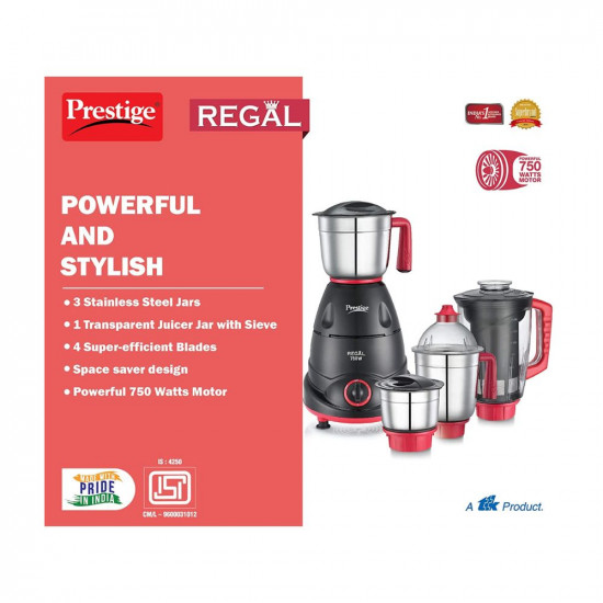 Prestige Regal Mixer Grinder, 750W, 3 Stainless Steel Jar + 1 Juicer Jar, Multi-Color, Medium